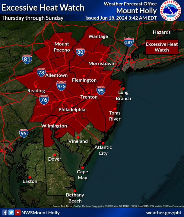 A prolonged period of heat and increasing humidity will continue to build this week and into this weekend.

Heat Advisories are now in effect for today and Wednesday.

The Excessive Heat Watch has been extended into Sunday.

weather.gov/wrh/TextProduc…

#NJwx #PAwx #DEwx #MDwx