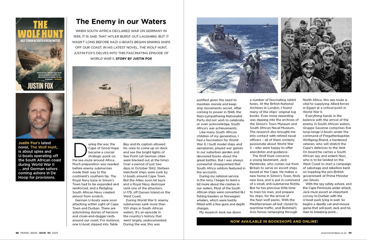 JustinFoxAfrica's tweet photo. An article on my novel, THE WOLF HUNT, in 'Travel Ideas' magazine.
@JonathanBallPub
#jackpembrokenavalthrillers #thewolfhunt #jonathanballpublishers #jonathanball #jbp #mustreadbooks #bookcommunity #booksbooksbooks #bookstaexplore #bookstagramza #amwriting #readlocal #uboat https://t.co/GTGgdsb7lL