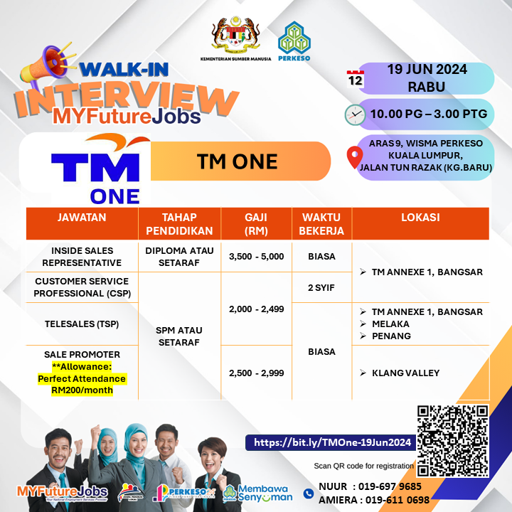 MYFJOfficial's tweet photo. WALK- IN INTERVIEW MYFUTUREJOBS BERSAMA TM ONE
Tarikh: 19 Jun 2024 (Rabu)
Masa: 10.00 pagi - 3.00 petang
Tempat: Aras 9, Wisma PERKESO Kuala Lumpur
Pra-pendaftaran: https://t.co/M9Dsi5XjNW
#PERKESO #MYFutureJobs #TMONE #temuduga #kerjakosongkl https://t.co/ghWgzUnU5o