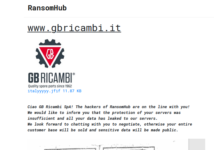 H4ckmanac's tweet photo. 🚨 #CyberAttack 🚨

🇮🇹 #Italy: GB Ricambi SpA has been listed as a victim by the RansomHub ransomware group. 

The hackers allegedly exfiltrated 400 GB of PII, customers’ database, etc.

Ransom deadline: 28th Jun 24.

#Ransomware https://t.co/qAve74QDL9