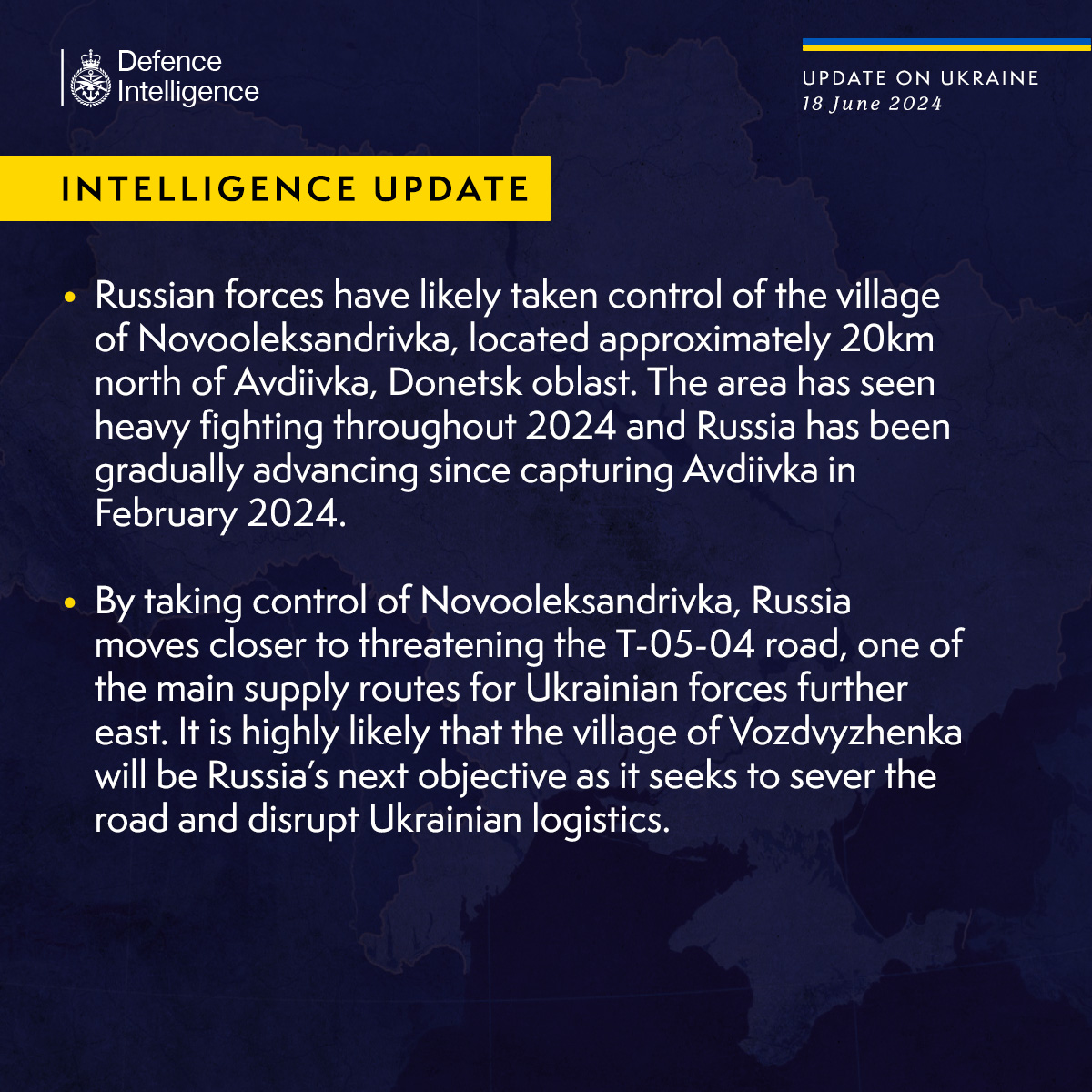 Russian forces have likely taken control of the village of Novooleksandrivka, located approximately 20km north of Avdiivka, Donetsk oblast. The area has seen heavy fighting throughout 2024 and Russia has been gradually advancing since capturing Avdiivka in February 2024.  By taking control of Novooleksandrivka, Russia moves closer to threatening the T-05-04 road, one of the main supply routes for Ukrainian forces further east. It is highly likely that the village of Vozdvyzhenka will be Russia’s next objective as it seeks to sever the road and disrupt Ukrainian logistics.