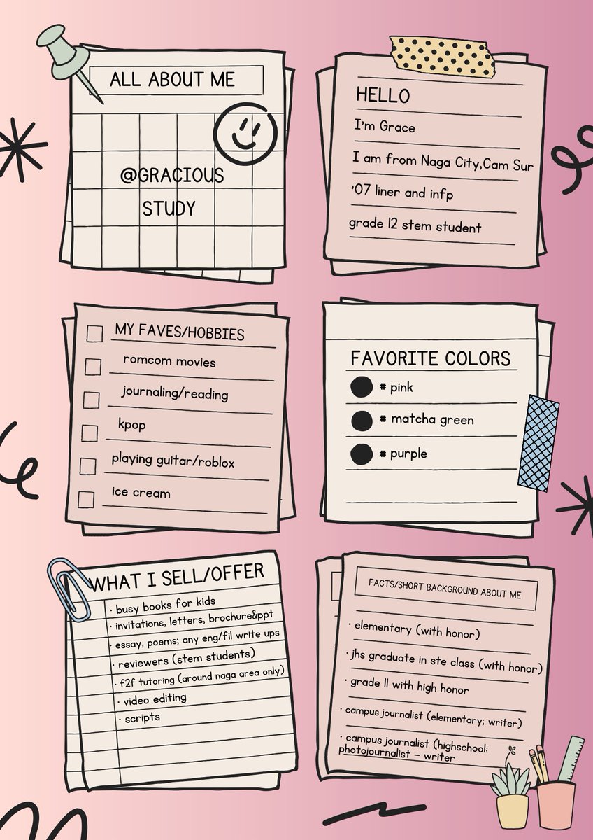 gracious_study's tweet image. hi, i'm grace! looking for interactive moots and study buddies - ☁︎｡
☆'07 | infp | virgo 
✩ she / her
☆ incoming gr 12 student (STEM)
☆ not new to #studytwt
☆ will be selling academic related stuffs soon!(check the pic below for more info)

♡ / ↻ are highly appreciated!