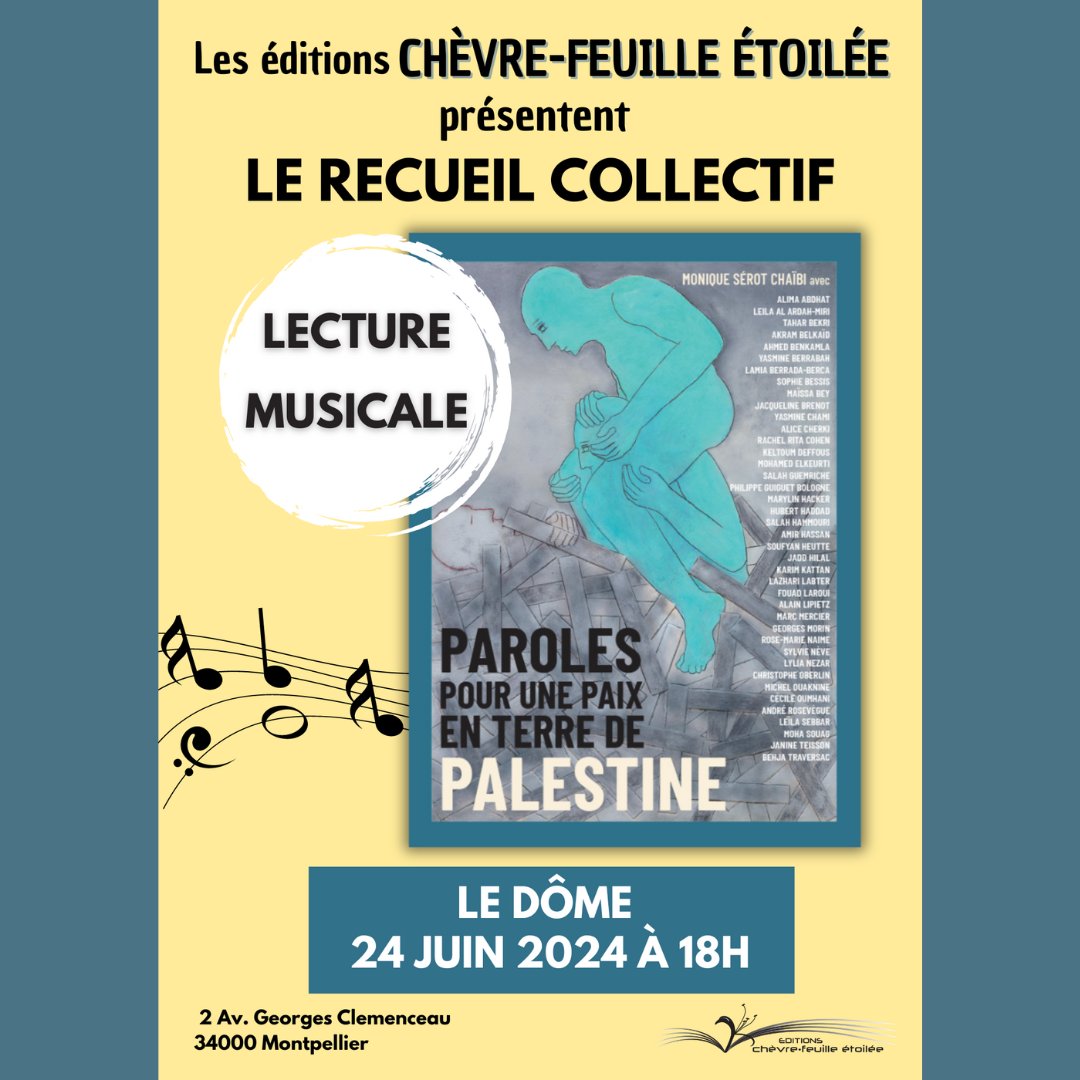 Retrouvez Monique Sérot Chaïbi pour une lecture musicale 🎼🎤du recueil collectif "Paroles pour une Paix en Terre de Palestine" avec Malina Roumegas ! 🥰
📍 bar Le dome à Montpellier
📅 lundi 24 juin 2024
⏰à 18H

#éditionsindépendantes #livres #lecturemusicale #montpellier