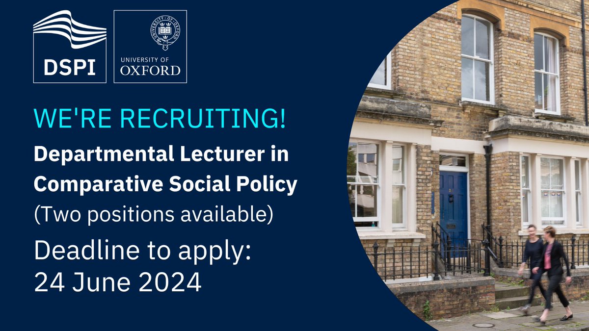 📢 Join our department as a Departmental Lecturer in Comparative #SocialPolicy! 
 
We currently have TWO open positions - find out more about both roles: spi.ox.ac.uk/vacancies 
 
📅 Apply by: 24 June