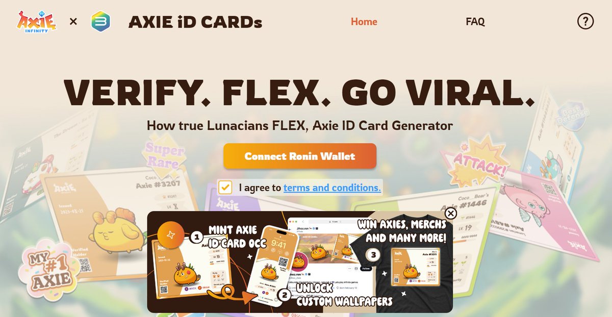 🌟 Axie ID Card Generator Campaign is Back at Ronin Carnival! 🎉

Hey Lunacians! Gall3ry joins <a href="/AxieInfinity/">Axie Infinity</a> and <a href="/Ronin_Network/">Ronin</a> to bring back the beloved Axie ID Card for all Axie owners! 🎁

Mint your Axie ID Card now at axieinfinity.gall3ry.io
‼️ Only 100 Freemints available,