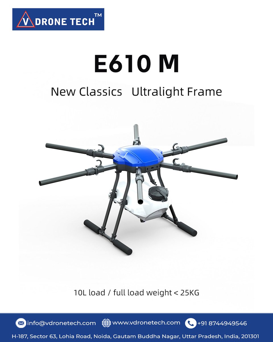 vdronetech's tweet image. V Drone Tech Product || E610M Ultralight #droneframe

💨 10L Capacity, full load weight of the entire drone &amp;lt;25kg
💨 Lighter, smaller, easier to assemble, and more flexible packaging.
💨 Meets the requirements for lightweight agricultural spraying drones.

#E610M #VDroneTech