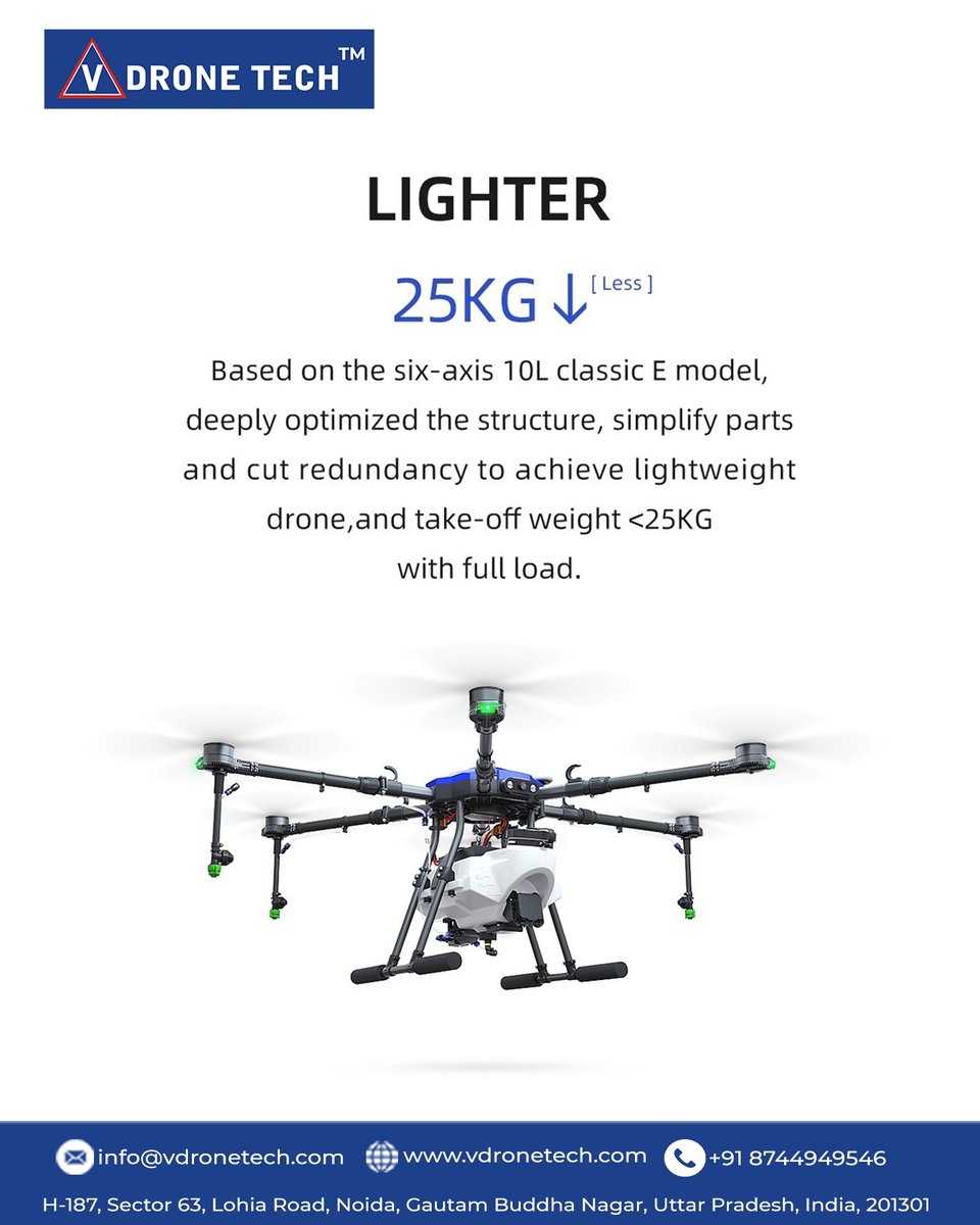 vdronetech's tweet image. V Drone Tech Product || E610M Ultralight #droneframe

💨 10L Capacity, full load weight of the entire drone &amp;lt;25kg
💨 Lighter, smaller, easier to assemble, and more flexible packaging.
💨 Meets the requirements for lightweight agricultural spraying drones.

#E610M #VDroneTech