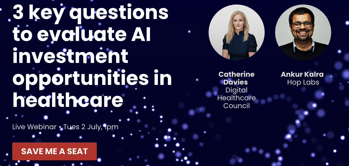 On Tuesday 2 July <a href="/AnkurHop/">Ankur Kalra</a> and <a href="/c_davies1/">Catherine Davies</a> are hosting a webinar on 3 key questions to evaluate AI investment opportunities in healthcare. 

Register here bit.ly/4cmsA7l