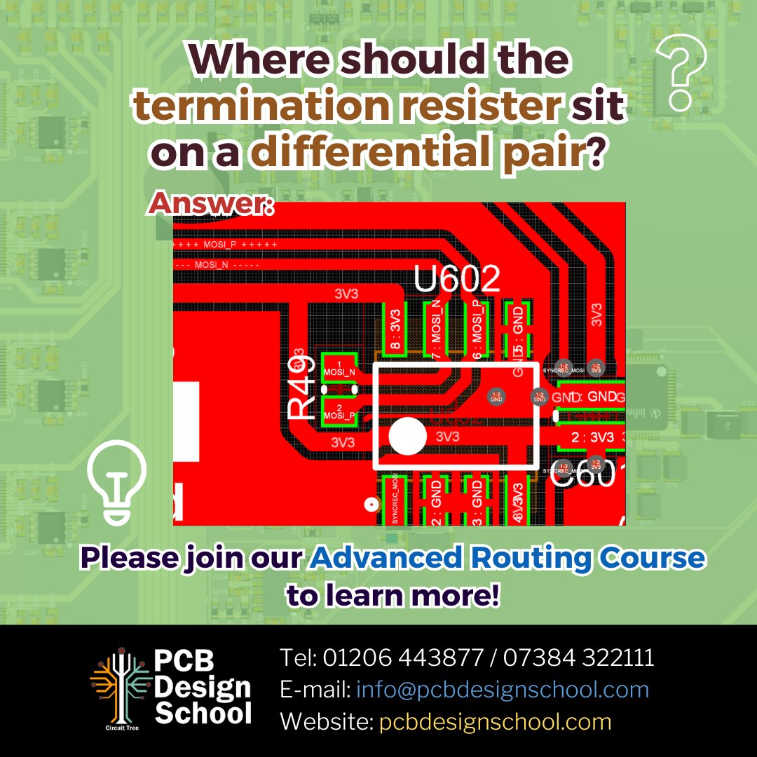 🤔Where should the termination resister sit on a differential pair?
Please join our Advanced Routing Course to learn more!

Course details 👉 pcbdesignschool.com/courses
Enrolment form 🔗 bit.ly/pcbds-reg