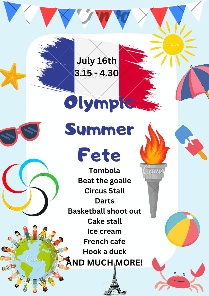 HazelwoodAc's tweet photo. We are holding an 'Olympic' Summer Fete on Tuesday 16th July after school. To coincide with this we are also having a non-uniform day. Please see the posters below. https://t.co/uTsCLUvkZe