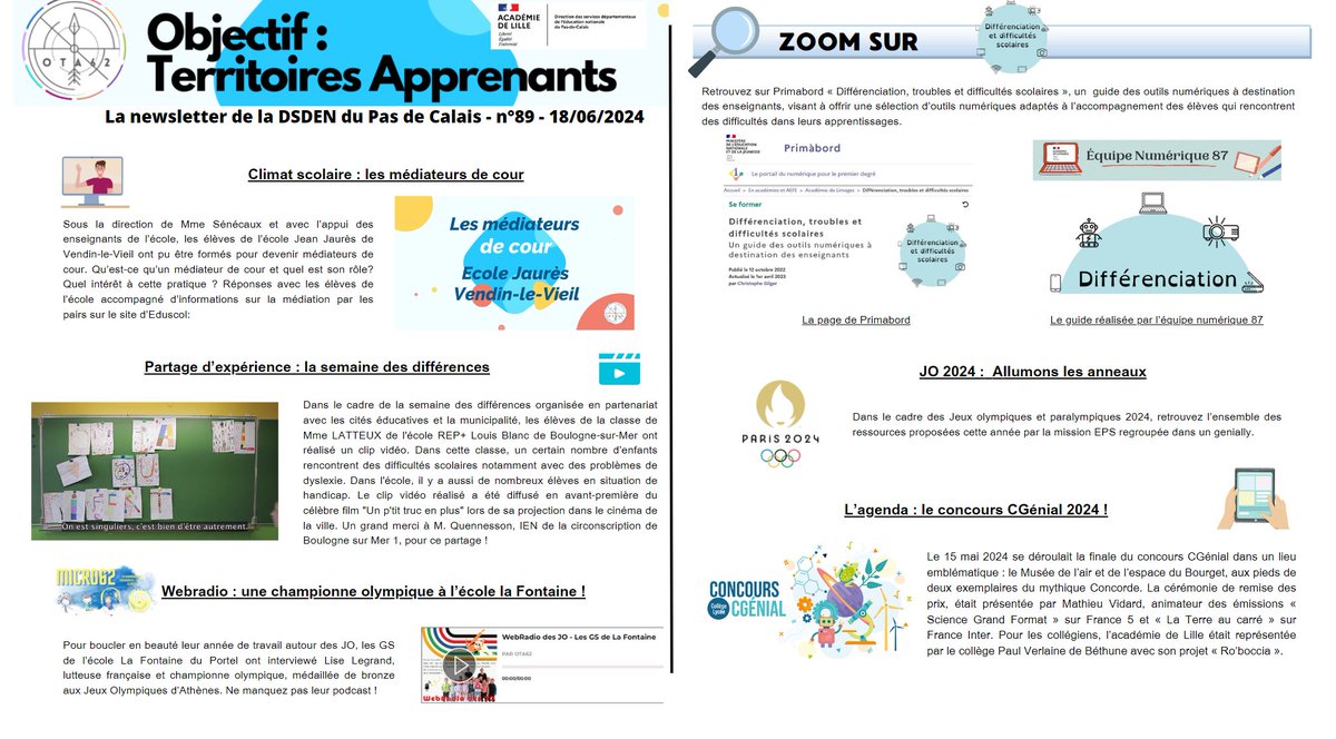 La newsletter OTA #89 est en ligne ! Au sommaire :
➡️Médiateurs de cours en CM2 
➡️Semaine des différences 
➡️Webradio et JO
➡️Zoom sur le guide des outils numériques "Différenciation, troubles et difficultés scolaires"
➡️Résultats concours <a href="/Fond_CGenial/">Fondation CGénial</a>

ota62.site.ac-lille.fr/la-newsletter-…
