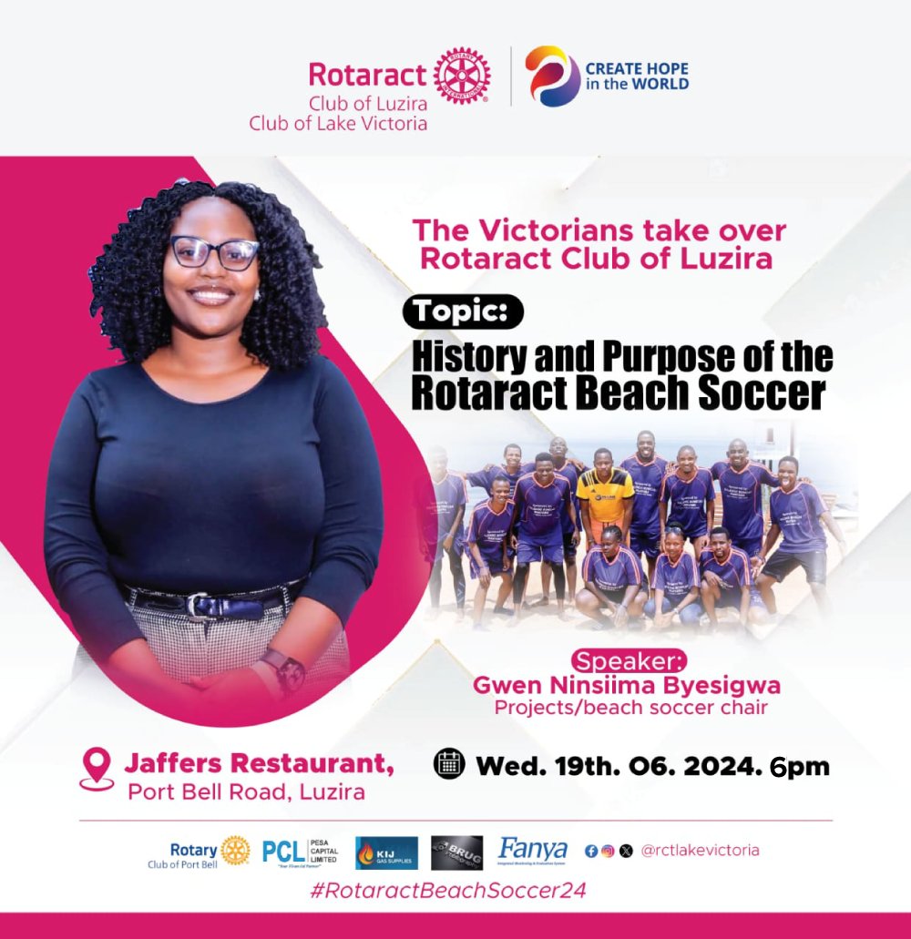 RCTLuzira's tweet photo. Join us tomorrow at 6:00 PM for a thrilling meeting at Jaffers Restaurant, Port Bell Road, Luzira. 

@rctlakevictoria will be taking over at #TheWardens fellowship.  

#Wardens
#RotaractBeachSoccer24 #FunSoca24 https://t.co/FFw2ihmsG5