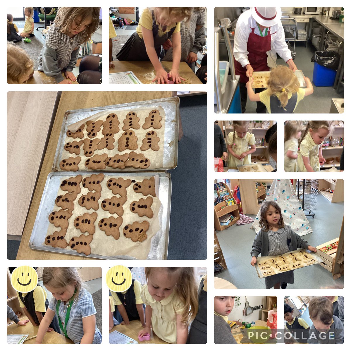 Nursery Yellow made gingerbread men. We wrote a list of all the things we could need then got to work. They weighed out the ingredients and used their muscles to mix, and roll out the dough. We decorated them with raisins and popped them in the oven.