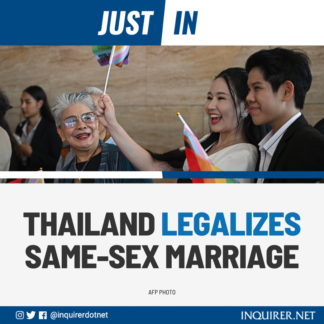 inquirerdotnet's tweet image. JUST IN: Thailand becomes the first country in Southeast Asia to legalize same-sex marriage, in a historic parliamentary vote hailed as a &quot;victory&quot; by campaigners. 

The senate voted by 130 to four to approve changes to marriage laws to allow same-sex couples to tie the knot,…
