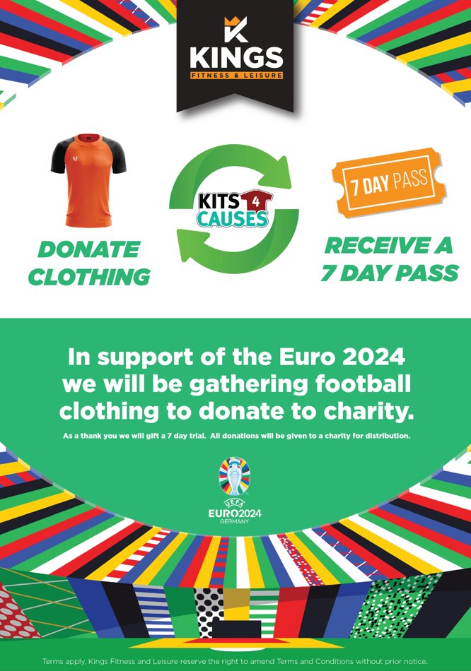 #kits4causes  ⚽️🏸🏈🏏🎾🏑👕🩳👟🧦
Kings Fitness &amp; Leisure are taking donations of outgrown children’s football kits for the <a href="/kits4causes/">Kits4Causes</a>  Charity. In exchange for donations, Parents/Carers will receive a free 7-day pass to Kings Fitness &amp; Leisure!

#Charity #donations #euro24