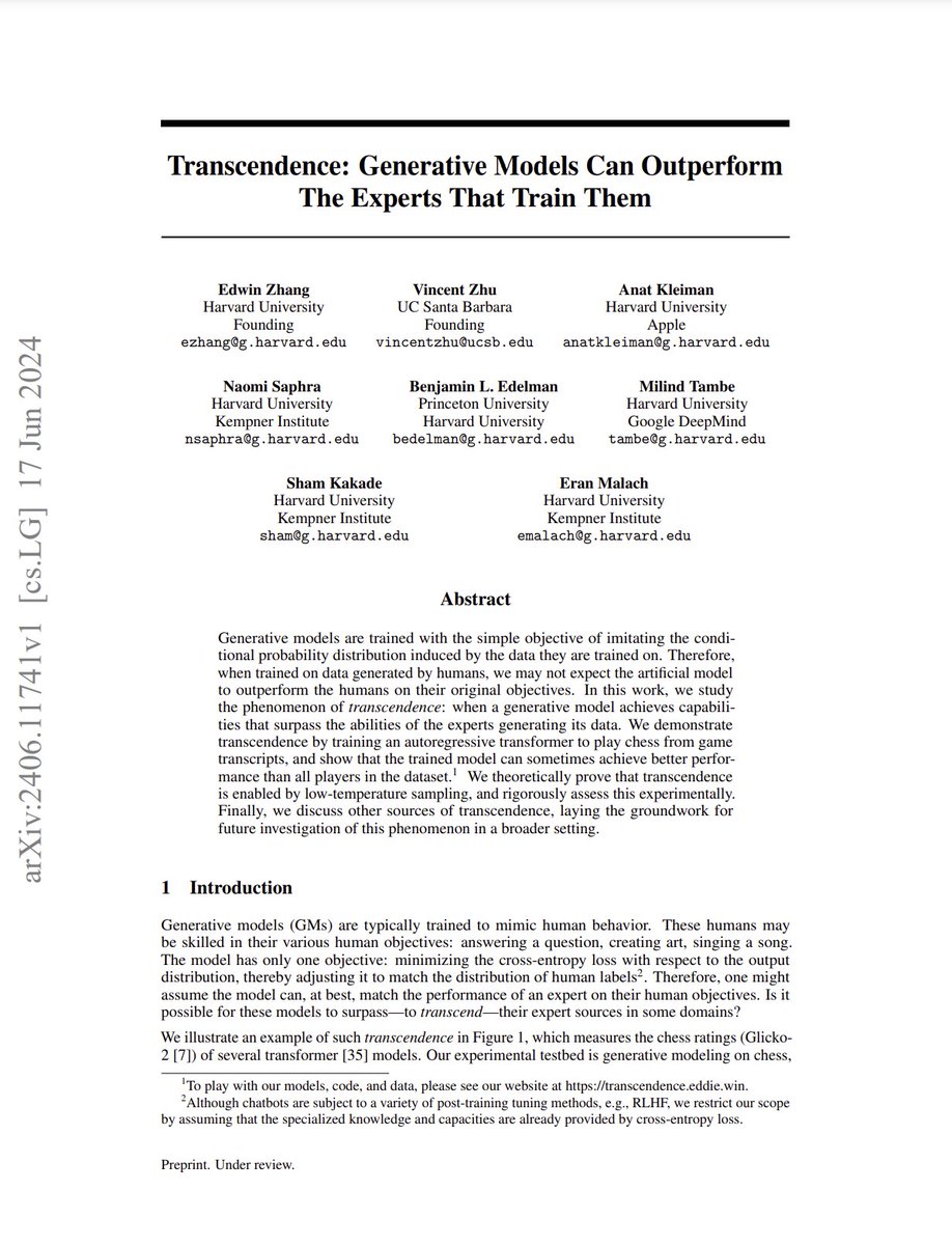 Transcendence: Generative Models Can Outperform The Experts That Train Them

abs: arxiv.org/abs/2406.11741

Uses chess games as a simple testbed for studying transcedence: generative models trained on human labels that outperform humans.

Transformer models are trained on public