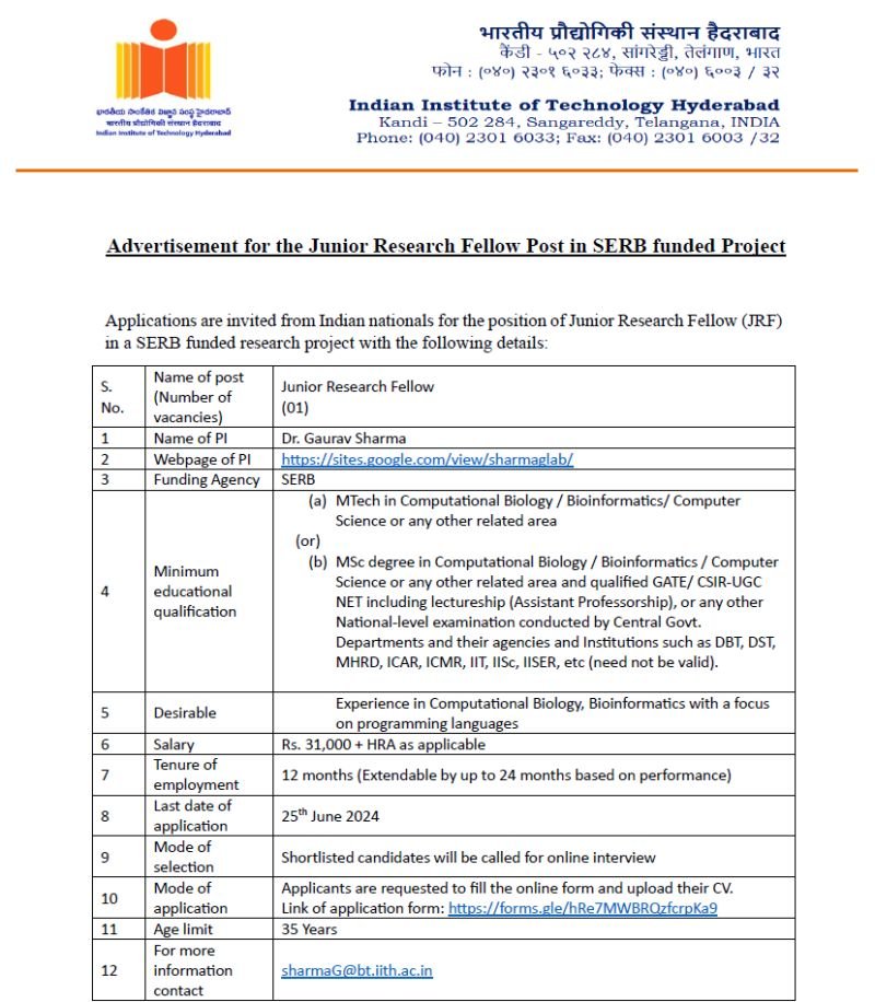 Gaurav Sharma, Ph.D. (@sharmag30) on Twitter photo We <a href="/omics_lab/">SharmaG_omics Lab @IITHyderabad</a> have a JRF position (having an MTech/MSc in Computational Biology/Bioinformatics/Computer Science) under a SERB-funded project to work on exciting genomics and webserver/databases questions.
Apply using this weblink: forms.gle/MT5oJ3RBPhS6zj…
Last date: 25-06-2024 We <a href="/omics_lab/">SharmaG_omics Lab @IITHyderabad</a> have a JRF position (having an MTech/MSc in Computational Biology/Bioinformatics/Computer Science) under a SERB-funded project to work on exciting genomics and webserver/databases questions.
Apply using this weblink: forms.gle/MT5oJ3RBPhS6zj…
Last date: 25-06-2024