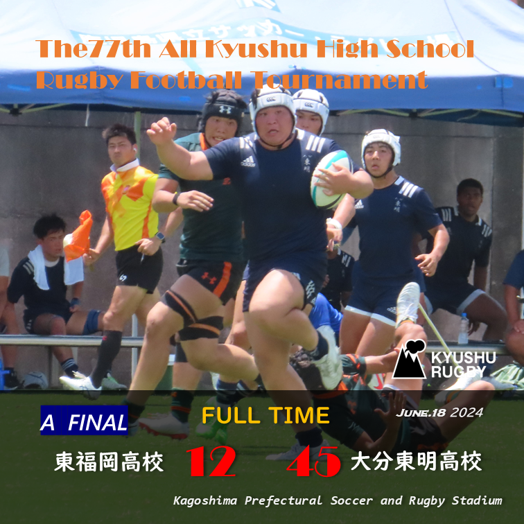 rugby_kyushu's tweet photo. 【🏉第77回全九州高等学校ラグビーフットボール競技大会】
📢Aパート決勝結果速報
📅6月18日（火）
🏟鹿児島県立サッカー・ラグビー場
#東福岡高校 12-45 #大分東明高校
#高校ラグビー
#鹿児島県 https://t.co/apQvQ9gTIJ
