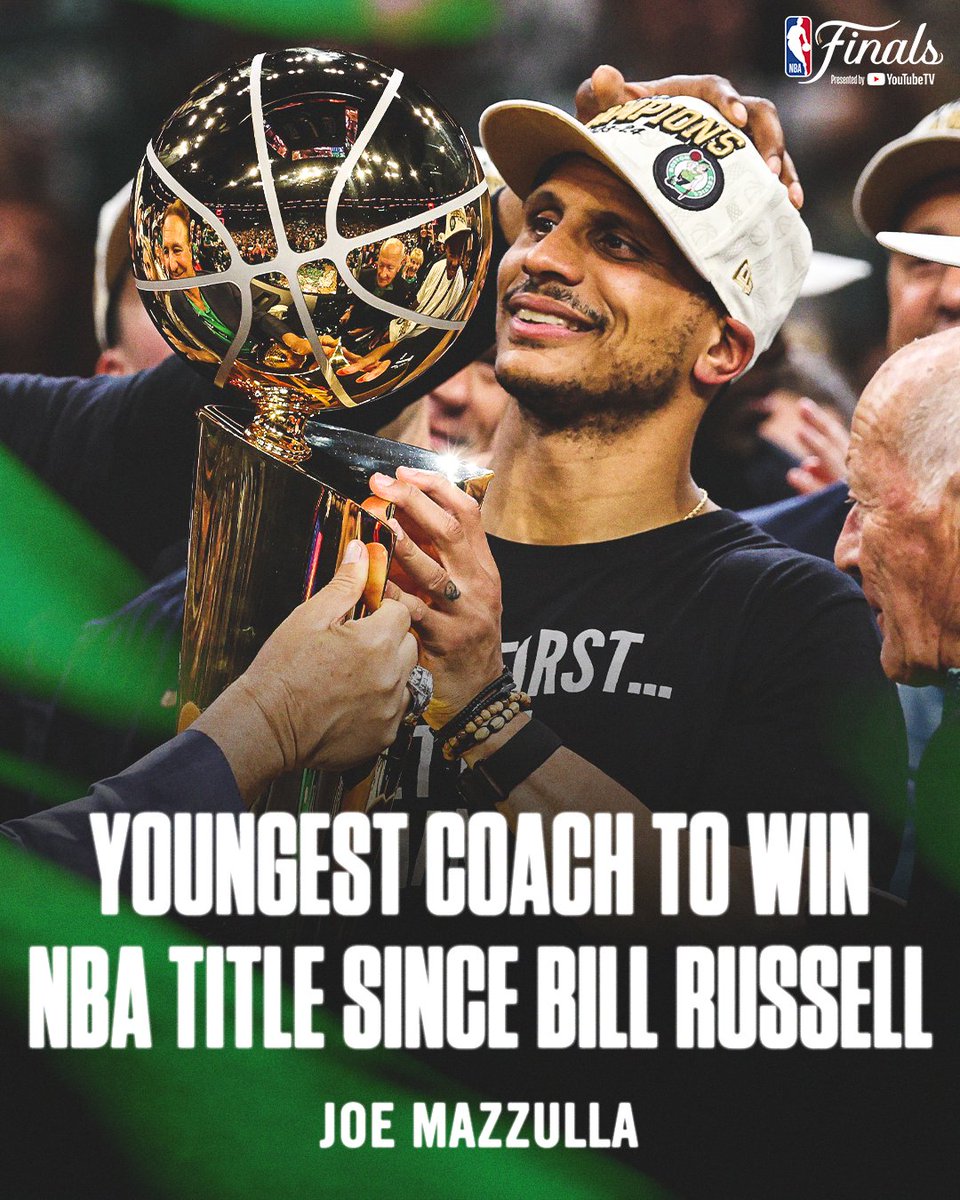 At 35 years old, Joe Mazzulla is the youngest coach to win the NBA title since Bill Russell won it at the same age in 1969 👏