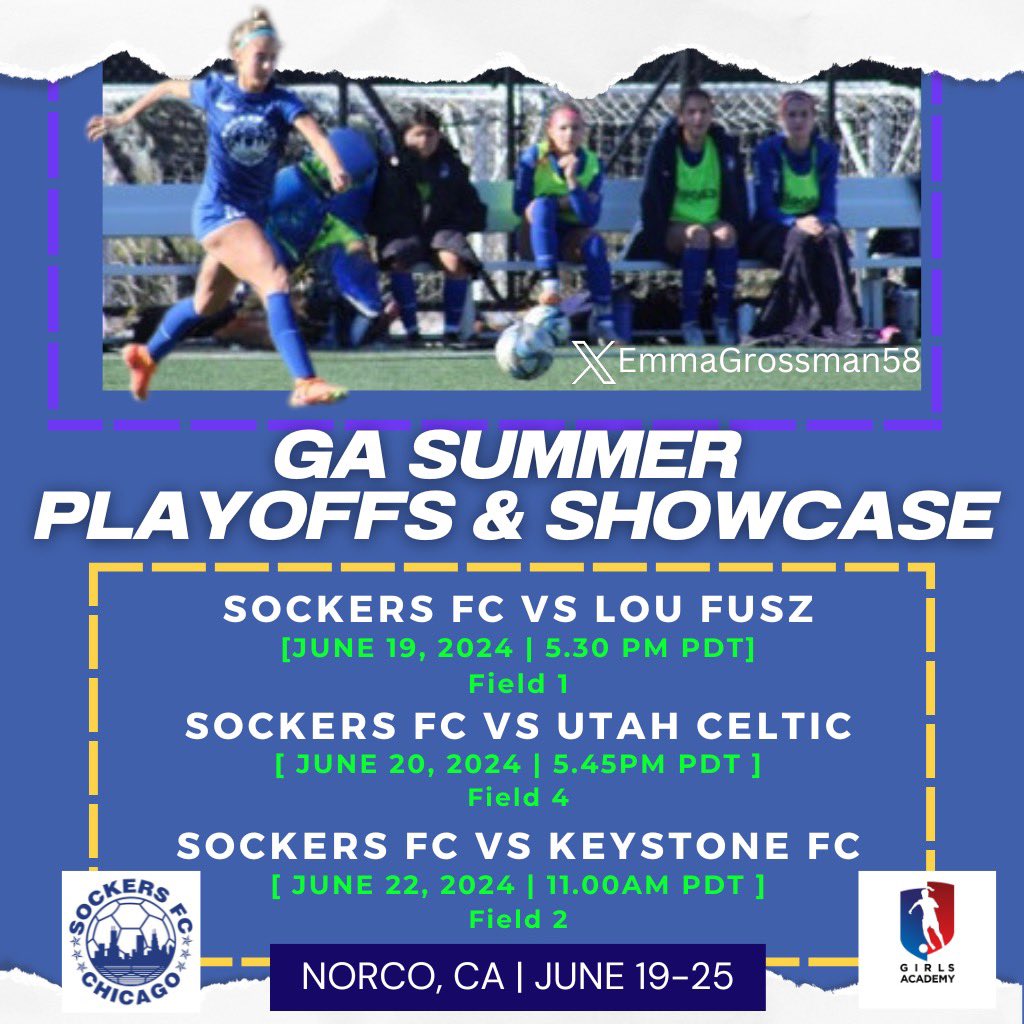 Emma Grossman (@emmagrossman58) on Twitter photo Tomorrow my team and I are headed to Norco California for the Girls Academy playoffs!! Come out to watch!! <a href="/DrakeWSoccer/">Drake Women's Soccer</a> <a href="/RamblersWSOC/">Loyola Women's Soccer</a> <a href="/HawkeyeSoccer/">Hawkeye Soccer</a> <a href="/DePaulWSOC/">DePaul Women’s Soccer</a> <a href="/GoBearcatsWSOC/">Cincinnati Women's Soccer</a> <a href="/PrepSoccer/">Prep Soccer ⚽️</a> <a href="/SFCGirlsAcademy/">Sockers FC Girls Academy</a> <a href="/GAcademyLeague/">Girls Academy</a> <a href="/TopDrawerSoccer/">TopDrawerSoccer</a> <a href="/ImYouthSoccer/">ECNL/GA/Recruiting/College Soccer</a> <a href="/ImCollegeSoccer/">College Soccer Truth ™</a> Tomorrow my team and I are headed to Norco California for the Girls Academy playoffs!! Come out to watch!! <a href="/DrakeWSoccer/">Drake Women's Soccer</a> <a href="/RamblersWSOC/">Loyola Women's Soccer</a> <a href="/HawkeyeSoccer/">Hawkeye Soccer</a> <a href="/DePaulWSOC/">DePaul Women’s Soccer</a> <a href="/GoBearcatsWSOC/">Cincinnati Women's Soccer</a> <a href="/PrepSoccer/">Prep Soccer ⚽️</a> <a href="/SFCGirlsAcademy/">Sockers FC Girls Academy</a> <a href="/GAcademyLeague/">Girls Academy</a> <a href="/TopDrawerSoccer/">TopDrawerSoccer</a> <a href="/ImYouthSoccer/">ECNL/GA/Recruiting/College Soccer</a> <a href="/ImCollegeSoccer/">College Soccer Truth ™</a>