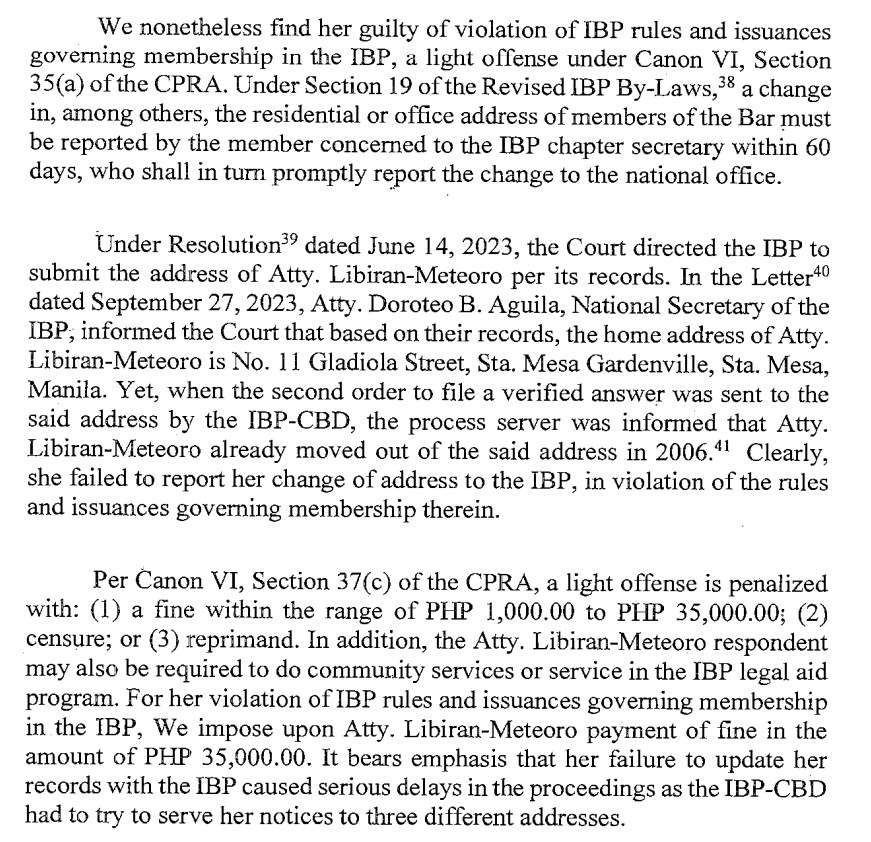 A lawyer's failure to report a change in their residential/office address to their IBP chapter secretary within 60 days, in violation of IBP rules, may be deemed a light offense under Canon VI, Sec. 35(a) of CPRA, penalized by a fine, censure, or reprimand.
