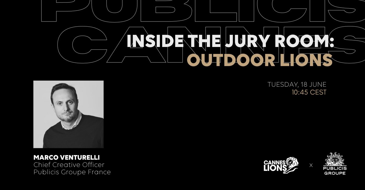 Publicis Groupe (@publicisgroupe) on Twitter photo Join <a href="/marcoventurelli/">Marco Venturelli /</a> of <a href="/publicis_france/">Publicis France</a> inside the Jury Room for Outdoor Lions to get firsthand insights into why this year’s Jury decided on the work that will set the benchmark for the year ahead. #PublicisCannes #CannesLions2024 bit.ly/3KGVeUK Join <a href="/marcoventurelli/">Marco Venturelli /</a> of <a href="/publicis_france/">Publicis France</a> inside the Jury Room for Outdoor Lions to get firsthand insights into why this year’s Jury decided on the work that will set the benchmark for the year ahead. #PublicisCannes #CannesLions2024 bit.ly/3KGVeUK