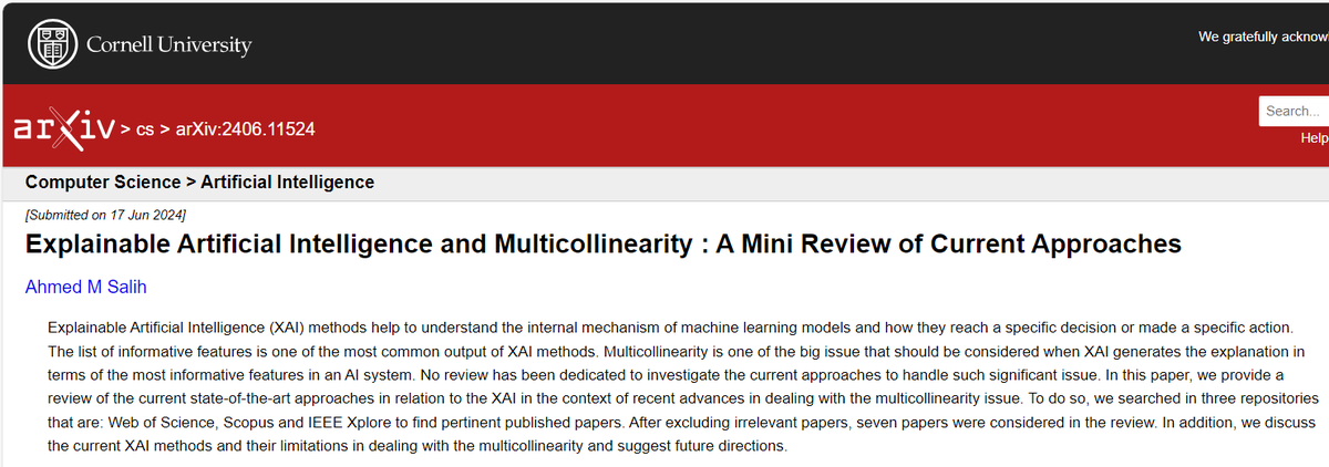 AhmedSa81812546's tweet image. Explainable Artificial Intelligence and Multicollinearity : A Mini Review of Current Approaches
#Explainable_Artificial_Intelligence
#XAI
#Multicollinearity
arxiv.org/abs/2406.11524