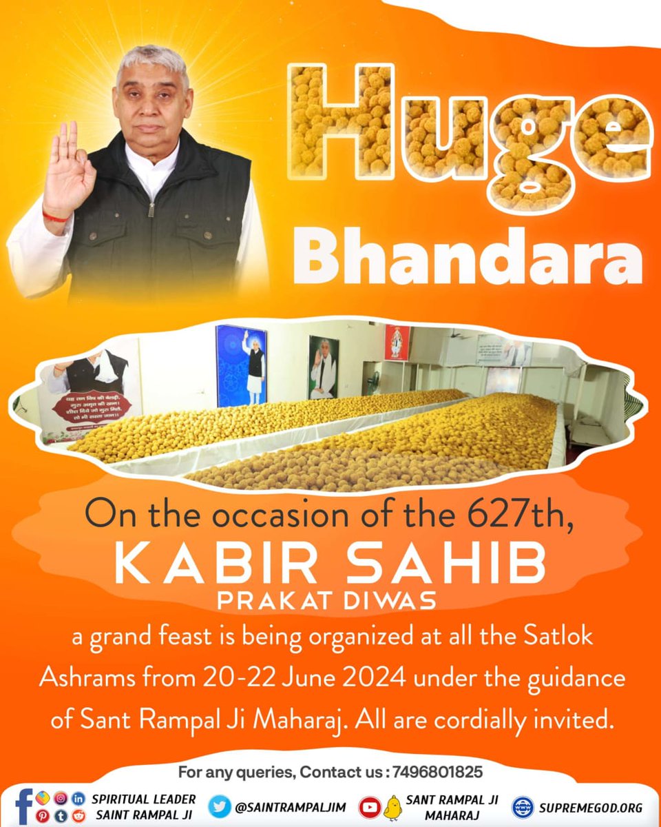kurnavanis's tweet photo. Huge Bhandara
On the occasion of the 627th,
KABIR SAHIB PRAKAT DIWAS
a grand feast is being organized at all the Satlok Ashrams from 20-22 June 2024 under the guidance of Sant Rampal Ji Maharaj. All are cordially invited.
सहआदर_निमंत्रण#BhandaraInvitationToTheWorld #bhandar https://t.co/EXVRJIa0Zb