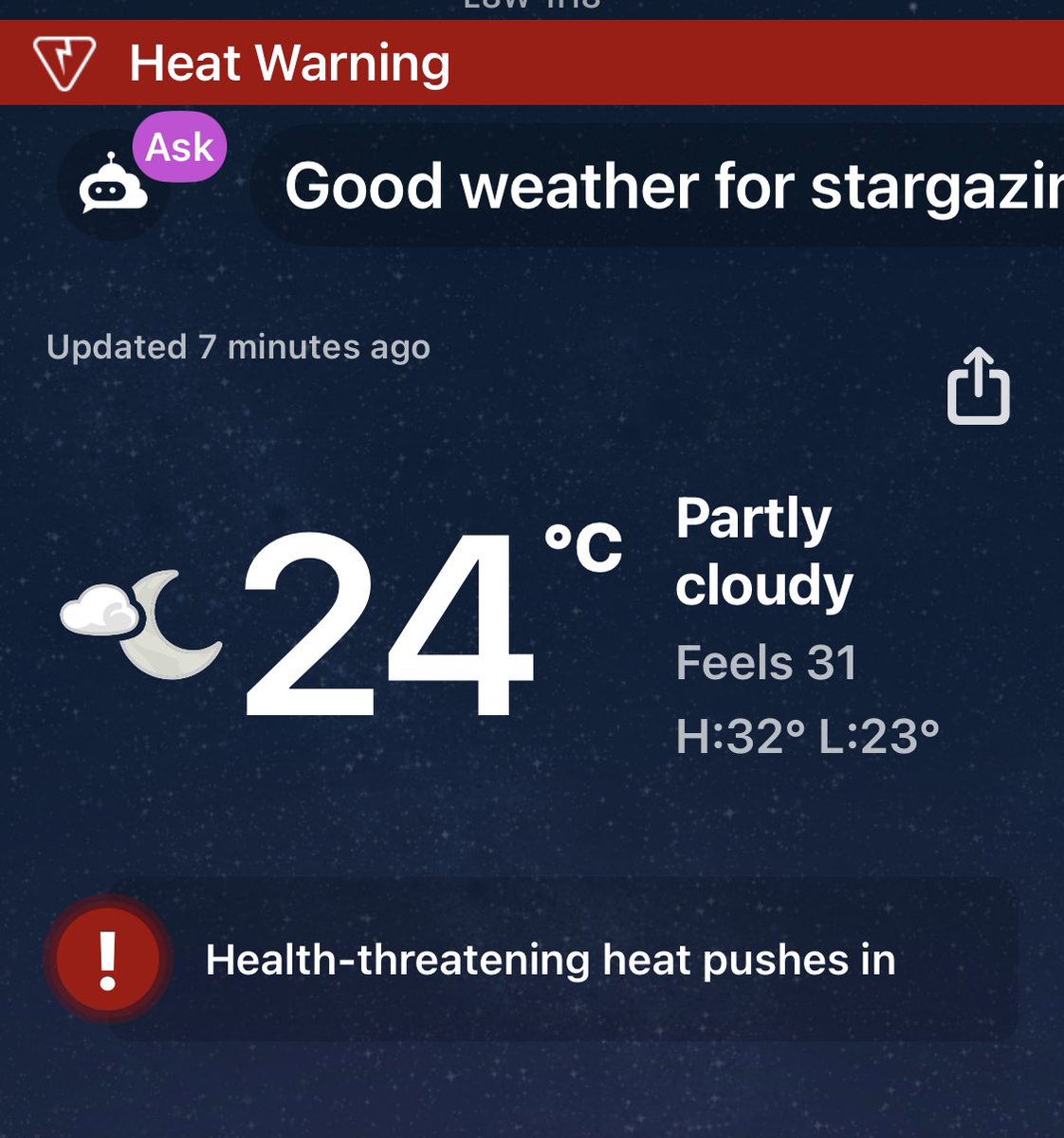 KMacTWN's tweet image. Temperature at 1:00 am in Hamilton. (Feels like 31) #HamOnt  #HeatWarning
