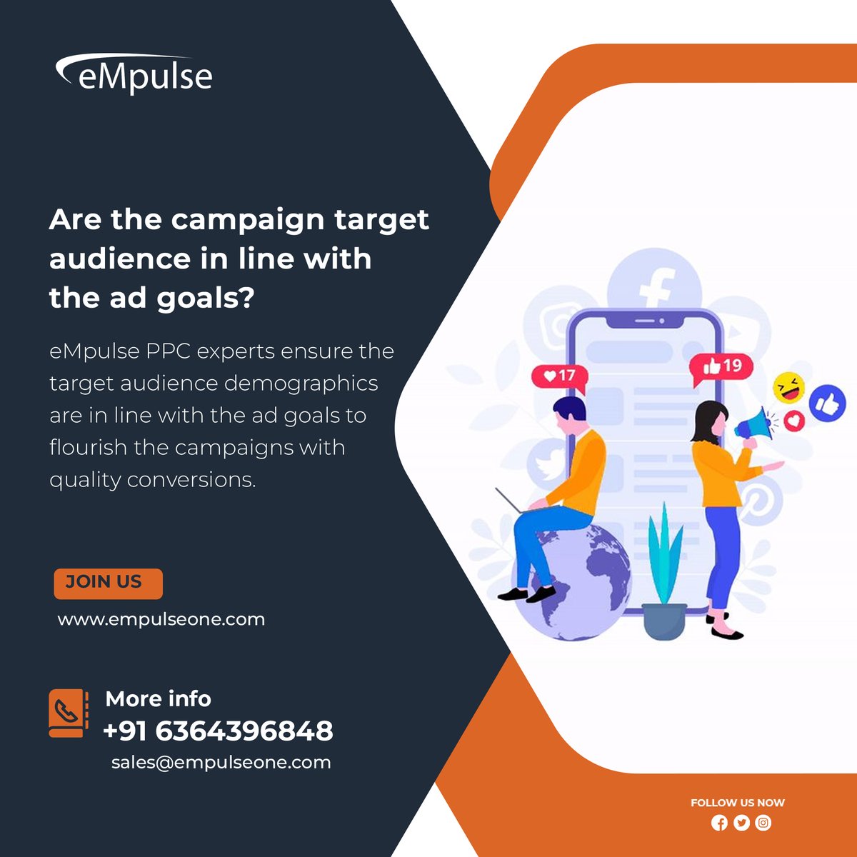 EmpulseM's tweet photo. Are the campaign target audience in line with the ad goals?
eMpulse PPC experts ensure the target audience demographics are in line with the ad goals to flourish the campaigns with quality conversions.

Visit: https://t.co/2AvB56T69K

#empulseglobal #digitalmarketing #SearchAds https://t.co/vyz2U6tQxn