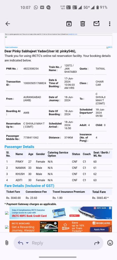 khushkhariwal's tweet photo. We have heard of Upgrade to high class if available, but never heard of unannounced downgrade to General class from AC Chair Car.
Booked Tatkal for AC Coach with confirmation but made us to seat in general coach. Now Genral ticket cost₹780.@timesofindia @RailMinIndia #confusion https://t.co/UYgef57Ylx