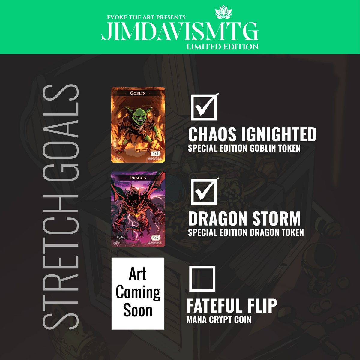 🚀 One week in and soaring! Close to unlocking all stretch goals! Discover the
<a href="/jimdavismtg/">Jim Davis</a>
exclusive token and playmat, &amp; the other tokens, playmat, and coin that are part of our legendary collection. Don’t miss out! 📷 kickstarter.com/projects/zaxim… #MTG #MTGAccessories #EvokeTheArt