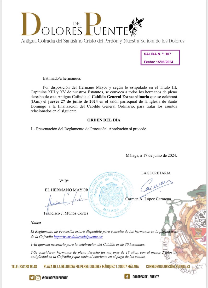 doloresdlpuente's tweet photo. 📢 Convocatorias a Cabildo General Ordinario de fin de ejercicio y posterior Cabildo General Extraordinario.

🗓 Jueves, 27 de junio.

🕢20:30h (1ª convocatoria) 
🕢21:00h (2ª convocatoria)

📍Casa Hermandad

+ info ⤵️

 #CofradíasMLG #DoloresdelPuente https://t.co/lite22ejAQ