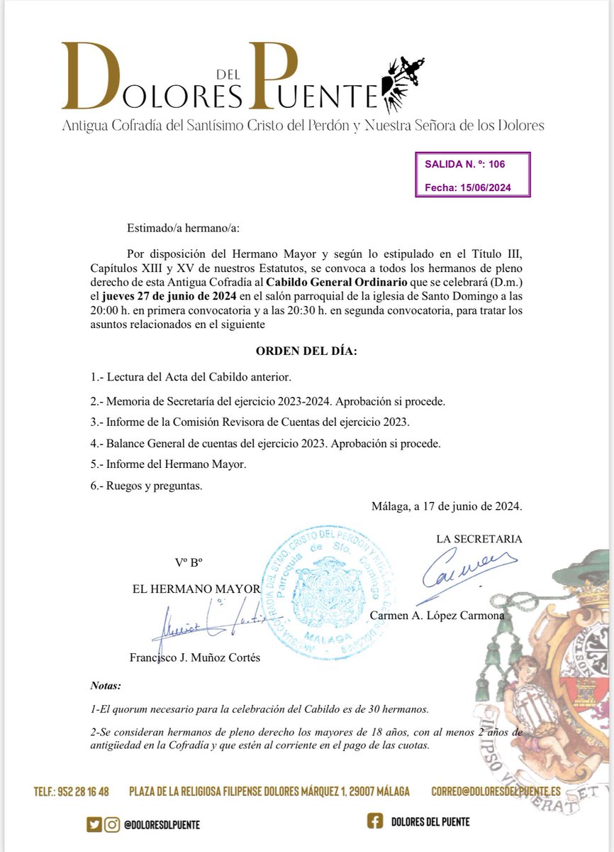 doloresdlpuente's tweet photo. 📢 Convocatorias a Cabildo General Ordinario de fin de ejercicio y posterior Cabildo General Extraordinario.

🗓 Jueves, 27 de junio.

🕢20:30h (1ª convocatoria) 
🕢21:00h (2ª convocatoria)

📍Casa Hermandad

+ info ⤵️

 #CofradíasMLG #DoloresdelPuente https://t.co/lite22ejAQ