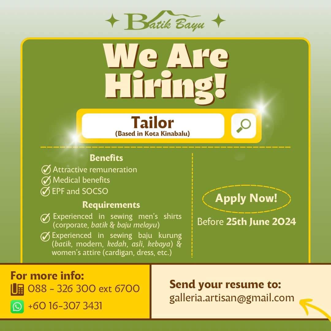 GOOD NEWS! 📢

WE ARE HIRING!🤩

Join our team at Batik Bayu to gain yourself an experience in the fashion industry!😍 Kindly submit your application to our email galleria.artisan@gmail.com before 25th June 2024.

Only shortlisted candidates will be contacted.