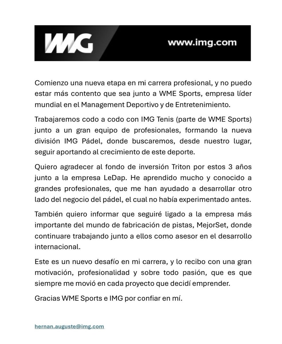 Hernán Auguste (@hernanauguste) on Twitter photo I'm starting a new professional stage.
Thank you, Max Eisenbud, Juan Acuna, Dani Dios, and Miki Sanchez, for trusting me!
Welcome <a href="/Arturocoello__/">Arturo Coello</a> 💪
IMG PADEL, let's start this new and exciting journey!
<a href="/WME/">WME</a>
<a href="/IMG/">IMG</a>
<a href="/IMGTennis/">IMG Tennis</a> I'm starting a new professional stage.
Thank you, Max Eisenbud, Juan Acuna, Dani Dios, and Miki Sanchez, for trusting me!
Welcome <a href="/Arturocoello__/">Arturo Coello</a> 💪
IMG PADEL, let's start this new and exciting journey!
<a href="/WME/">WME</a>
<a href="/IMG/">IMG</a>
<a href="/IMGTennis/">IMG Tennis</a>