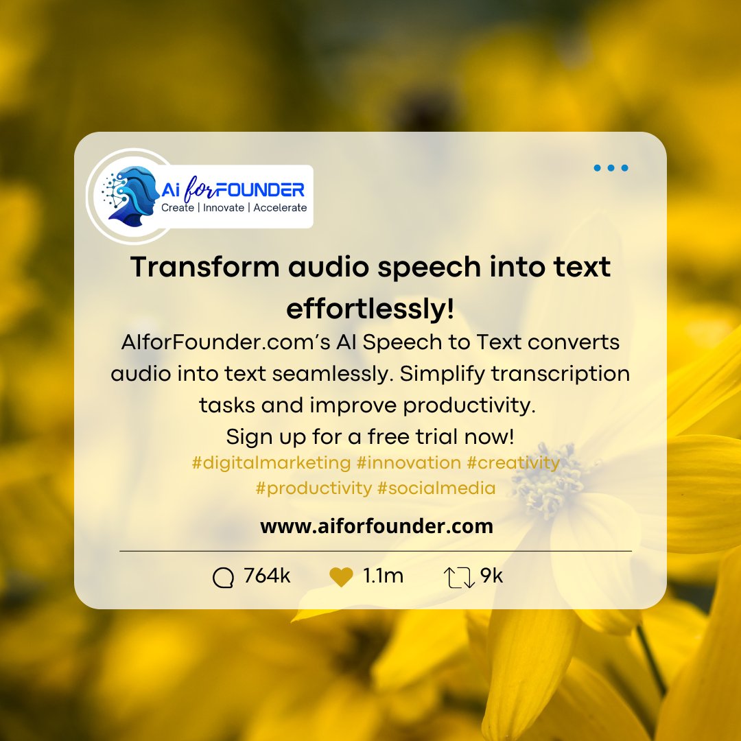 AiForFounder's tweet image. Transform audio speech into text effortlessly!
AIforFounder.com’s AI Speech to Text converts audio into text seamlessly. Simplify transcription tasks and improve productivity.
Sign up for a free trial now!
#AIForFounders #AIPoweredContent #ContentCreationAI #AIAutomation