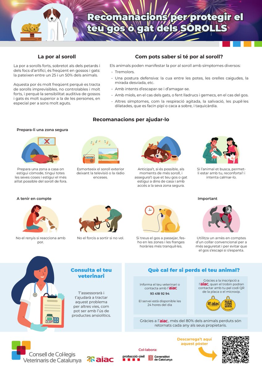 🎆🐈‍⬛🐕Revetlles, petards i animals de companyia: Com ajudar-los si tenen por al soroll? 
Hem preparat un pòster amb 9 recomanacions, amb <a href="/emergenciescat/">Protecció civil</a> i l'assessorament de l'etòloga Marta Amat, de <a href="/UABveterinaria/">Facultat de Veterinària de la UAB</a>. 
Descarregueu-lo aquí: loom.ly/1-mcN8E
