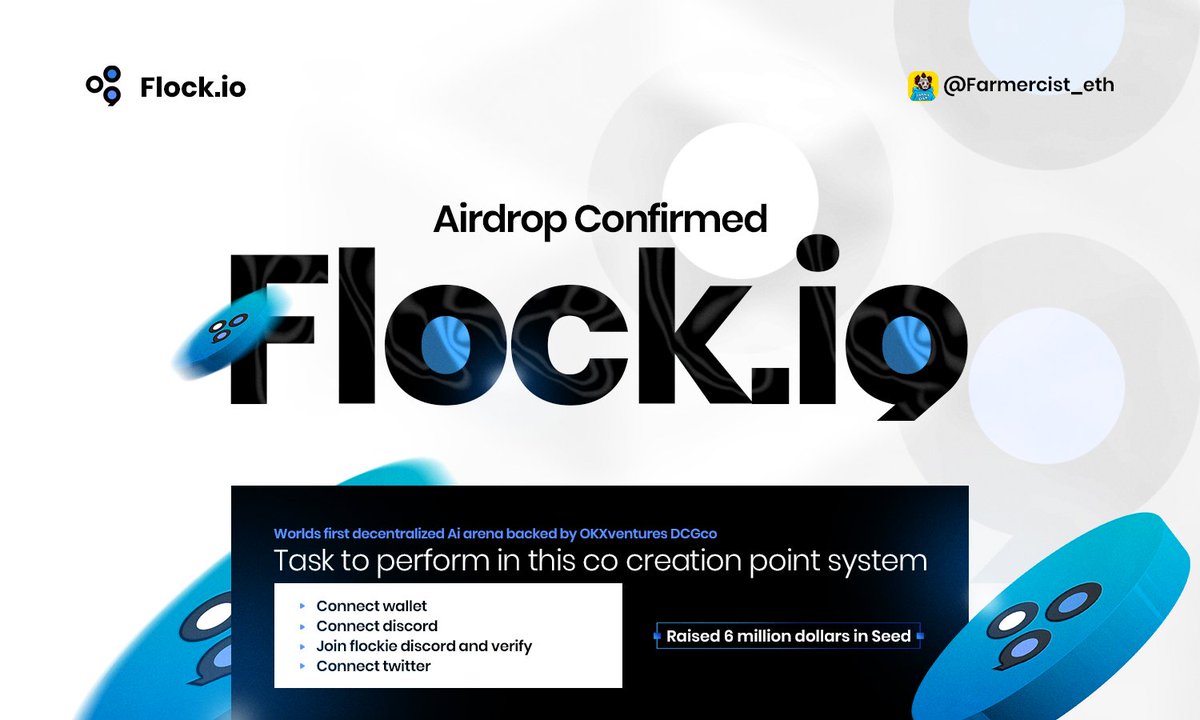 Farmercist's tweet photo. AIRDROP CONFIRMED for @flock_io

Cost: $0
Potential: $FLOCK Token Airdrop
Backed by: OKX
Raised: 6 million dollars in seed round

FLOCK IO claims to be the first Decentralized Ai arena ( I wonder what that means though )🤔.

Flock is a decentralized and permission-less platform for Ai models and DAPPs, and they harness the synergy of federated learning and blockchain technology. ( big words I know let’s get into the best part ) 🪂

Flock recently and successfully raised 6 million dollars in seed round co led by @fractionVC & @capitalTagus plus @DCGco @voltcapital @okx_ventures. ( kudos to Flock on this raise, based VC involvement for real )

Step by step guide to Participate in FLOCK AIRDROP 👇

> Visit https://t.co/z44z8Ih6wV
> connect MetaMask or any EVM wallets
> Connect wallet
> connect discord
> join Flockie discord ( https://t.co/nYTFLwi4hR )
> connect telegram
> join Flockie TG channel ( https://t.co/cTqMydw4da )
> contribute to the BNB GPT by asking blockchain question ( you’ll mint one free nft that cost $0.33 gas fee.
> contribute to BTC GPT by asking BTC related questions

Constantly check @flock_io for more details and info + always check your Task center!

Once there’s more updates on FLOCK I’ll drop details for now this is all we need to do!

Join over 23,800 active crypto participants in the FARMERCIST JOURNAL TG to stay strong in the game and interact: https://t.co/UMPs73gkqw

See you guys on the next one, I’m your guy FARMERCIST