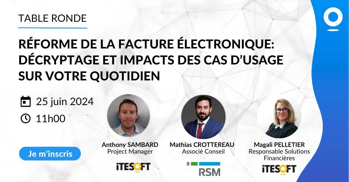 Le 25 juin à 11h - Découvrez les cas d’usage de la facture électronique et leur impact dans le quotidien de votre organisation. Inscription table ronde👉 hubs.ly/Q02zKYmS0