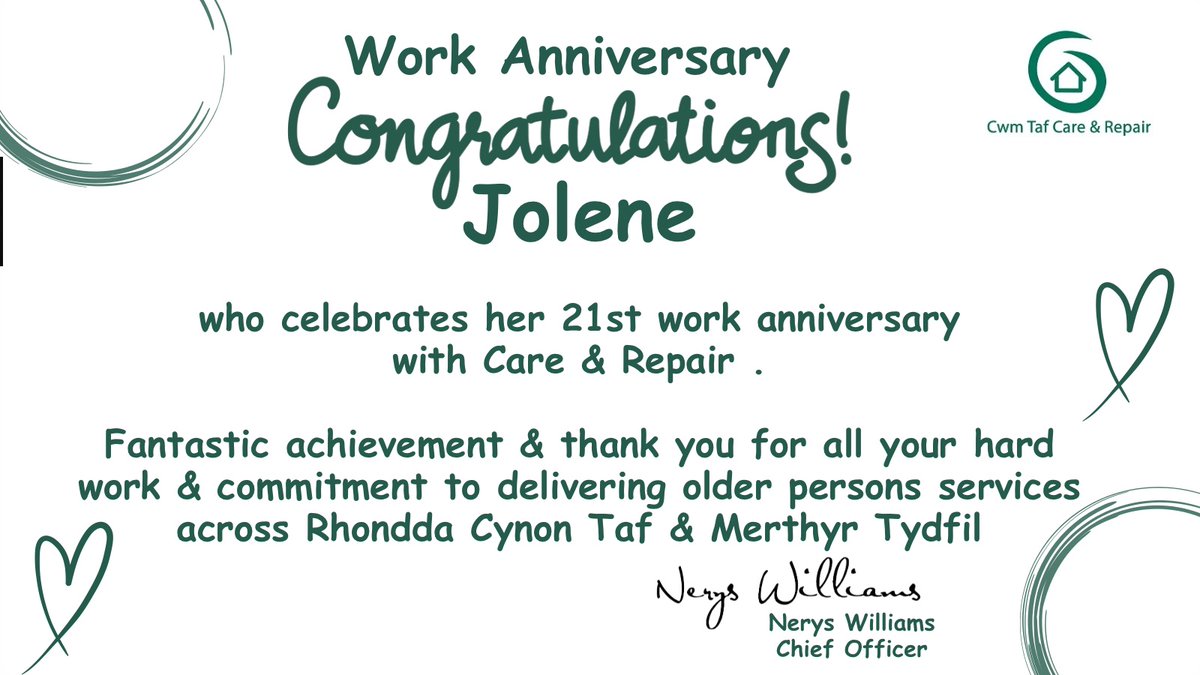CwmTaf Care & Repair (@cwmtafcandr) on Twitter photo A massive congratulations and #TeamCwmTafCR celebration for our colleague <a href="/JoleneCwmTafCR/">JoleneCwmTafCR</a> who has been part of the agency for 21 years, supporting our clients to be able to live safely & more independently. A massive congratulations and #TeamCwmTafCR celebration for our colleague <a href="/JoleneCwmTafCR/">JoleneCwmTafCR</a> who has been part of the agency for 21 years, supporting our clients to be able to live safely & more independently.