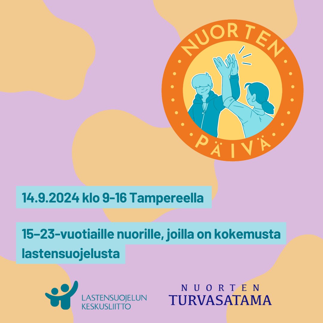 Save the date: Nuorten päivä 💗

👉 Noin 15–23-vuotiaille nuorille, joilla on kokemusta lastensuojelusta.

👉 14.9.2024 klo 9–16 Tampereella + jatkot <a href="/NTurvasatama/">Nuorten Turvasatama</a> Discordissa klo 19–22. Maksuton. 

👉 Ilmoittautuminen alkaa 5.8. täällä: lastensuojelupaivat.fi/nuorten-paiva/

#lastensuojelu