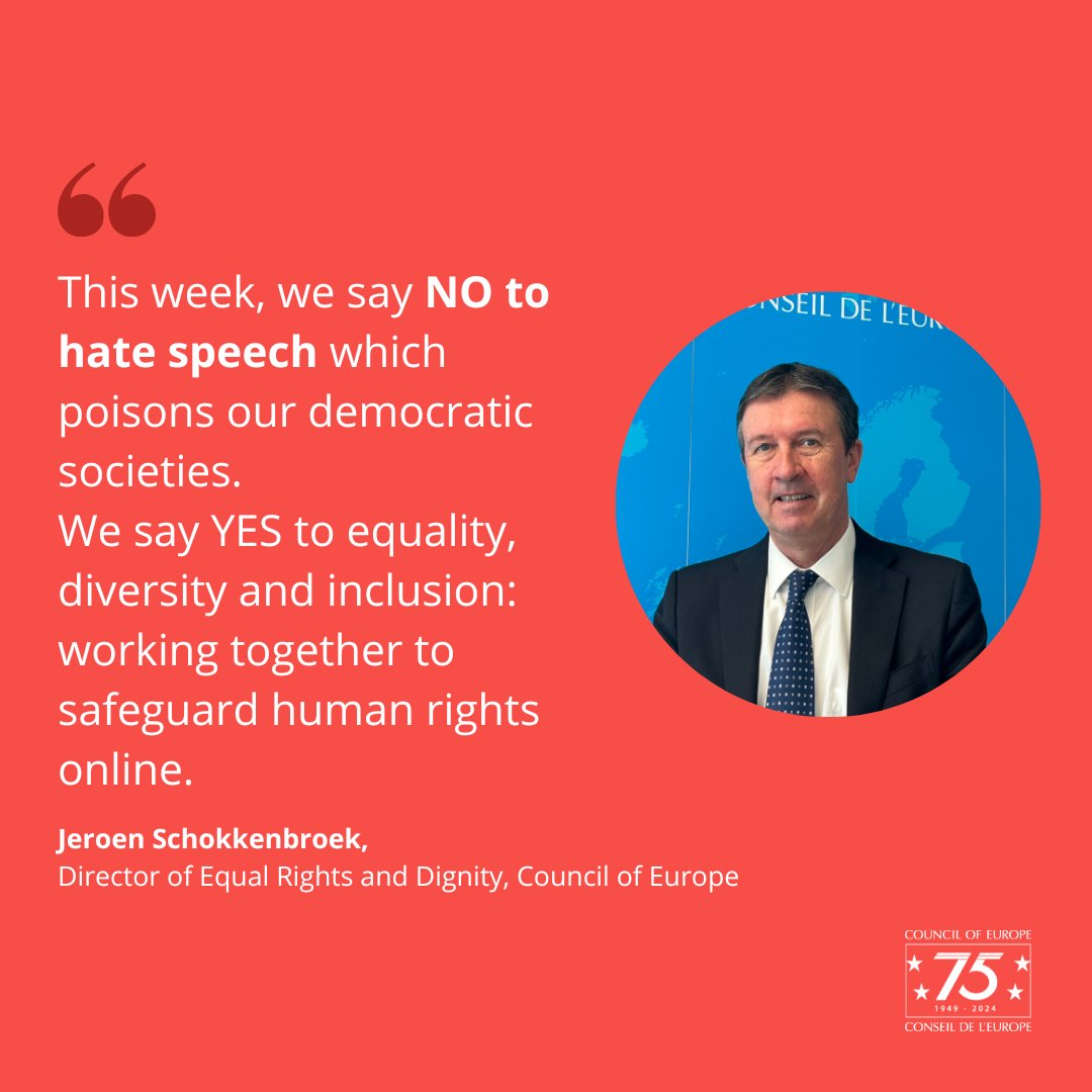 coe's tweet photo. 🌐 On the International Day for Countering Hate Speech, let's stand together against #HateSpeech and promote inclusion and equality.
Join us for the #NoHateSpeechWeek to counter discrimination, xenophobia, and hate speech together.
Learn more: https://t.co/XReLw0lCF8