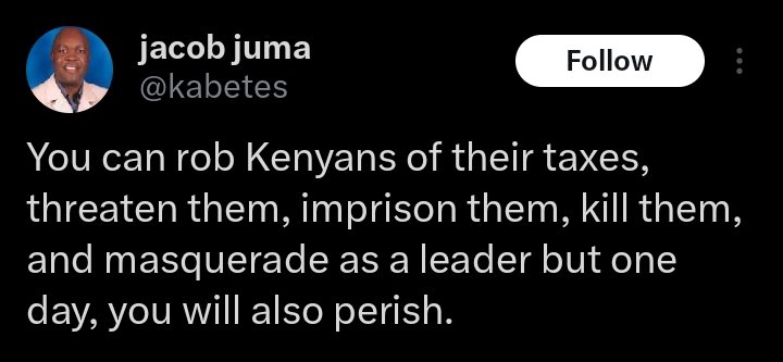 Re-tweet this till it reaches President William Ruto. As he says Pitisha Bill, let him see Jacob Juma's message for him.
#RejectFinanceBill2024
#OccupyParliament