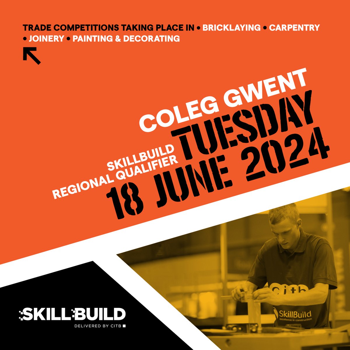 GoConstructUK's tweet image. We return to Wales today for the latest #SkillBuild regional qualifier! 🏴󠁧󠁢󠁷󠁬󠁳󠁿 
Following our event in Wrexham, we&apos;re visiting Coleg Gwent for competitions in:
▶️ #Bricklaying
▶️ #Carpentry
▶️ #Joinery
▶️ #Painting and #decorating.
Wishing everyone taking part the best of luck 🍀 🛠️