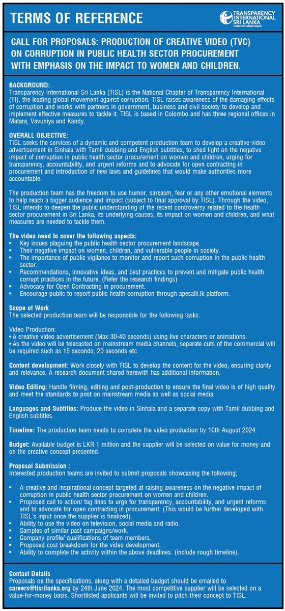 tisrilanka's tweet image. #TISL seeks the services of a production team to develop a creative #videoadvertisement on the #healthsectorprocurement in #SriLanka.

If interested, submit your proposal to careers@tisrilanka.org by June 24 2024.

More information: tisrilanka.org/call-for-propo…

#TVcommercial #ToR