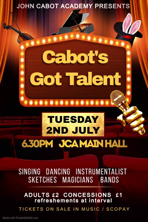 JCA Music (@cabotmusic) on Twitter photo The auditions are complete & our competitors announced for our live show!
If you’d like to come along to see magic, dance, music & more in this years <a href="/johncabotnews/">John Cabot Academy</a> Cabot’s Got Talent…tickets from Music or ScoPay #talent #cgt2024 #liveshow The auditions are complete & our competitors announced for our live show!
If you’d like to come along to see magic, dance, music & more in this years <a href="/johncabotnews/">John Cabot Academy</a> Cabot’s Got Talent…tickets from Music or ScoPay #talent #cgt2024 #liveshow