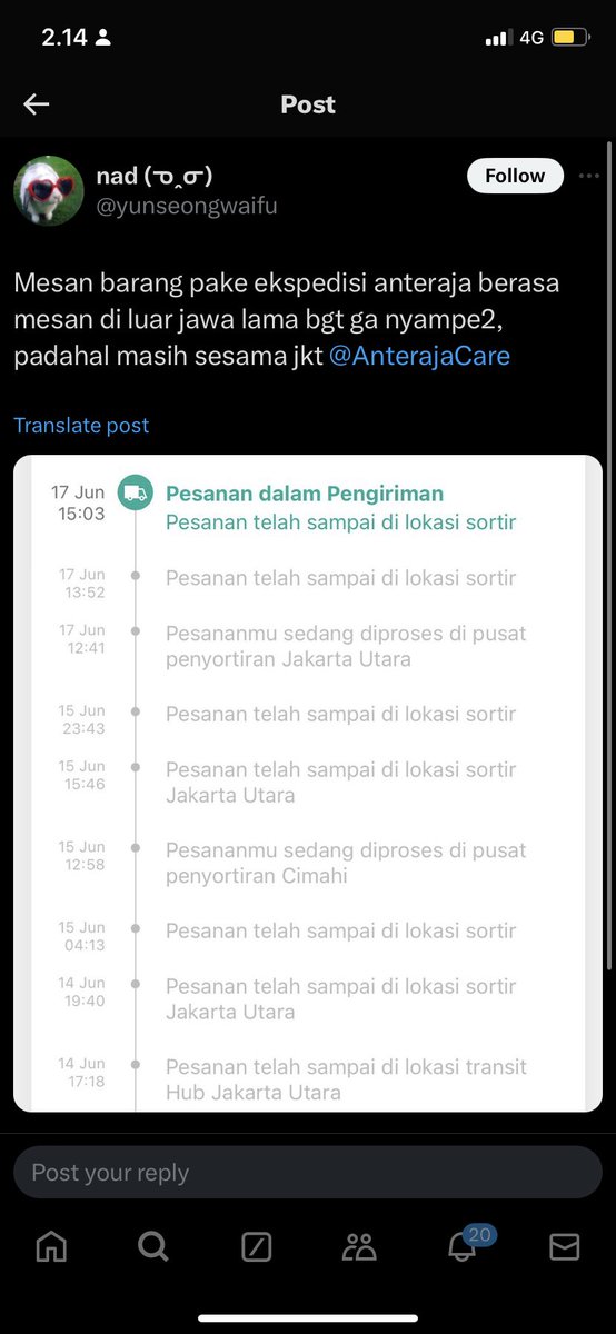 sherlyerni's tweet photo. @tokopedia @TokopediaCare JANGAN SAMPE VIRAL, mending jangan pake anteraja. Paket saya stuck dan ga ada solusi dari @anteraja_id udah hubungin CS @AnterajaCare GA ADA SOLUSI JUGA. 

Ternyata pas check IG sama X buanyaakkk banget yang complain!!
Pliisss bahaya bangettt https://t.co/SB94Tj8H3s