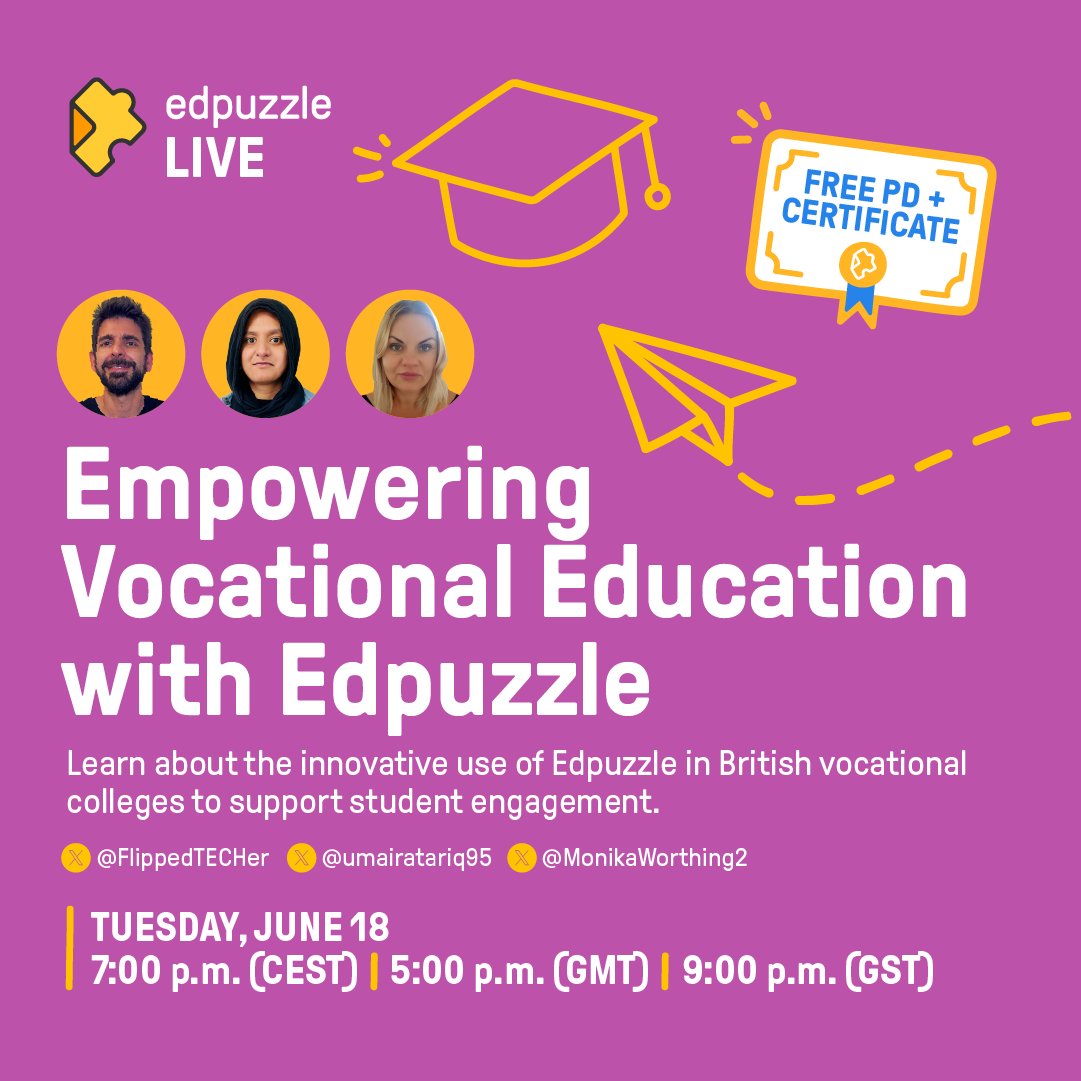 FlippedTECHer's tweet photo. 𝐓𝐨𝐝𝐚𝐲!
Learn the benefits of @edpuzzle in vocational education! @MonikaWorthing2, @umairatariq95, and Thomas Greenland-Jones will share how Edpuzzle boosts engagement, collaboration, and academic success.  
𝑺𝒊𝒈𝒏 𝒖𝒑 𝒉𝒆𝒓𝒆: https://t.co/xGRzCfTqBM #EdpuzzleLive https://t.co/t8DjxiM4eq