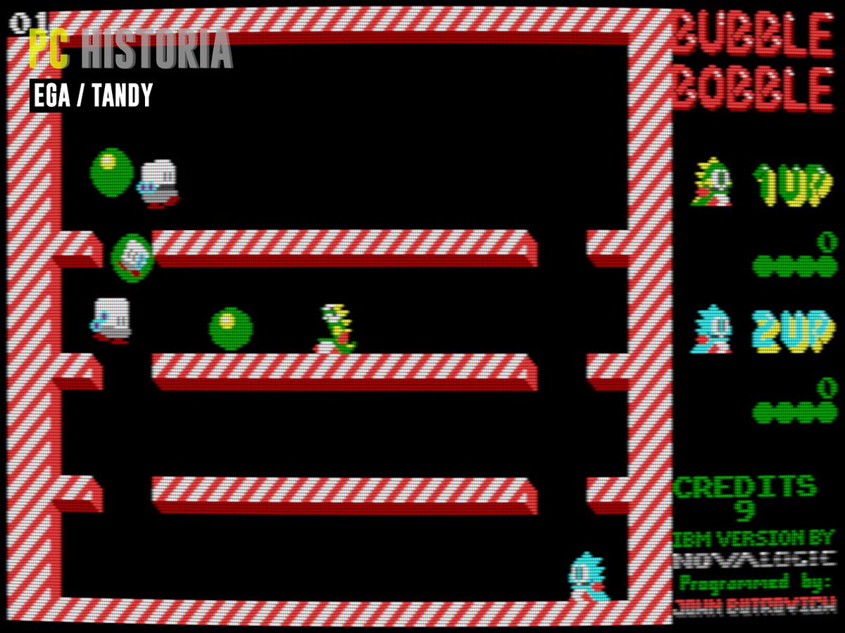 PC__Historia's tweet image. #Novalogic realizó un EXCELENTE port en 1989 para #IBM #PC y compatibles del #arcade de @TAITO #BubbleBobble de 1986. Soportaba #CGA, #EGA y #Tandy, tarjetas de sonido y hasta dos jugadores simultáneos. Y es que el arcade original ha cumplido 38 años! ∘˙○˚.•🎂∘˙○˚.•
